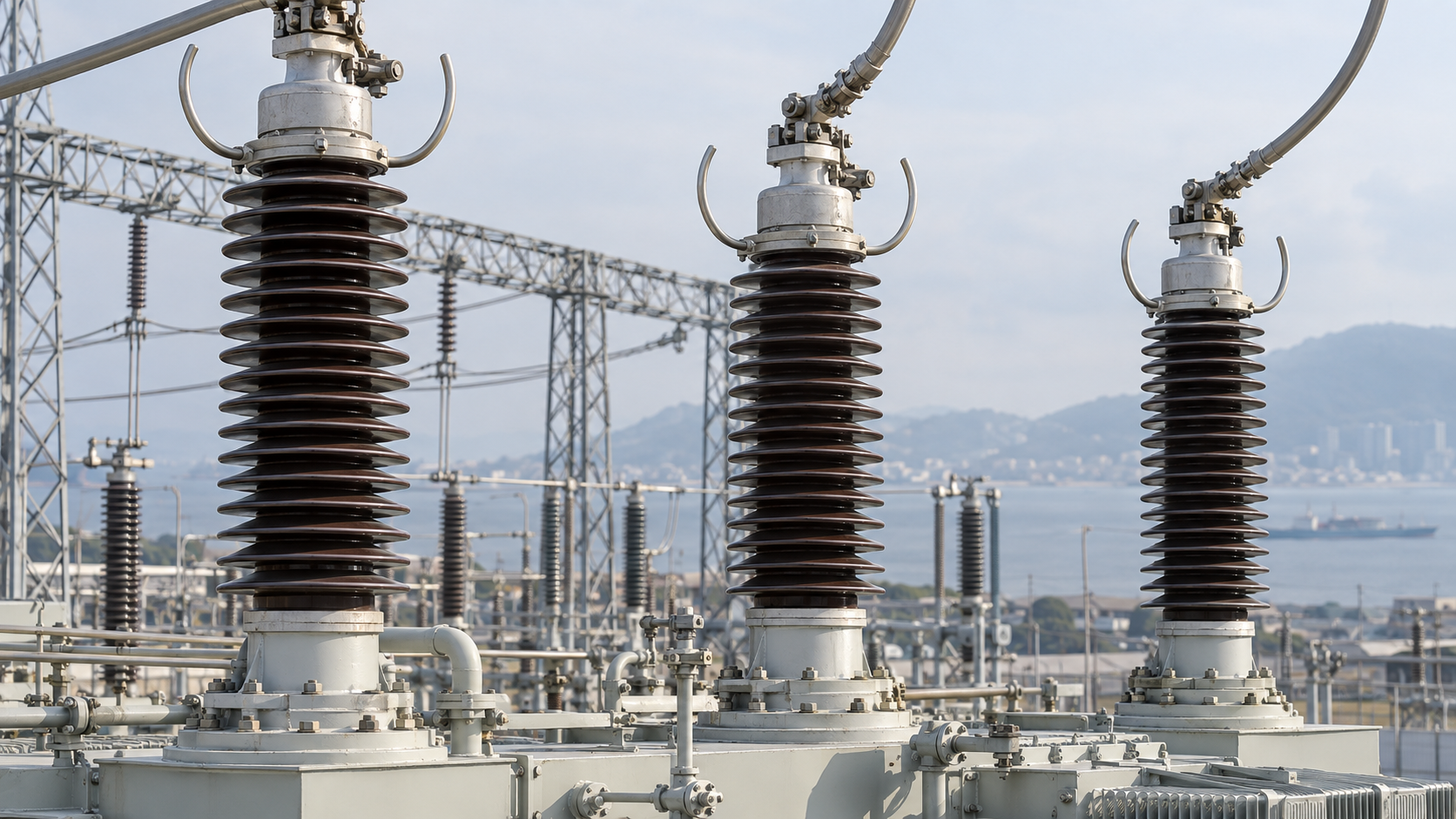 Transformer Bushing Creepage Distance Review High-voltage transformer bushings showing external creepage paths at a coastal substation