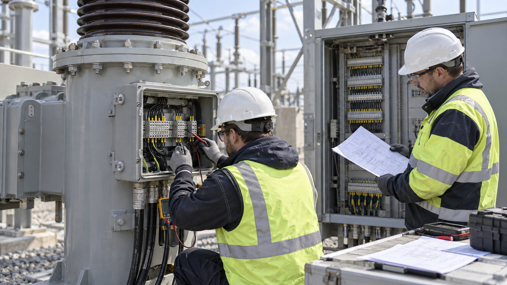 Transformer Bushing CT Terminal Interface Engineers checking a transformer bushing CT terminal box and marshalling cabinet interface