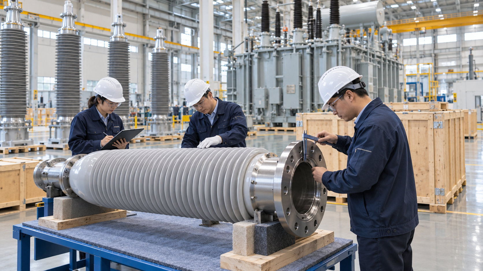 Transformer Bushing FAT Inspection Factory engineers inspecting transformer bushing dimensions and flange condition before shipment