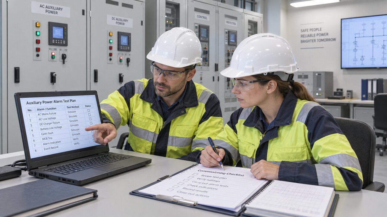 Auxiliary Power Acceptance and Alarm Review Two engineers reviewing an auxiliary power alarm test plan beside closed substation control cabinets