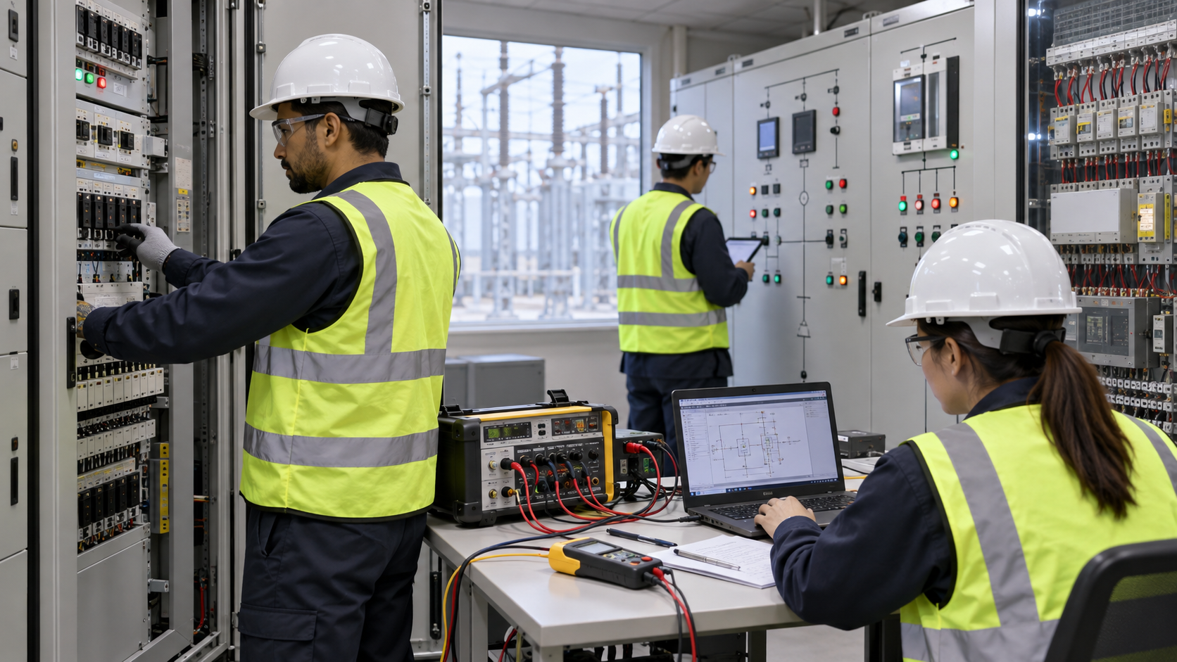 Substation Auxiliary Power Commissioning Commissioning engineers testing transfer logic and auxiliary distribution panels in a substation