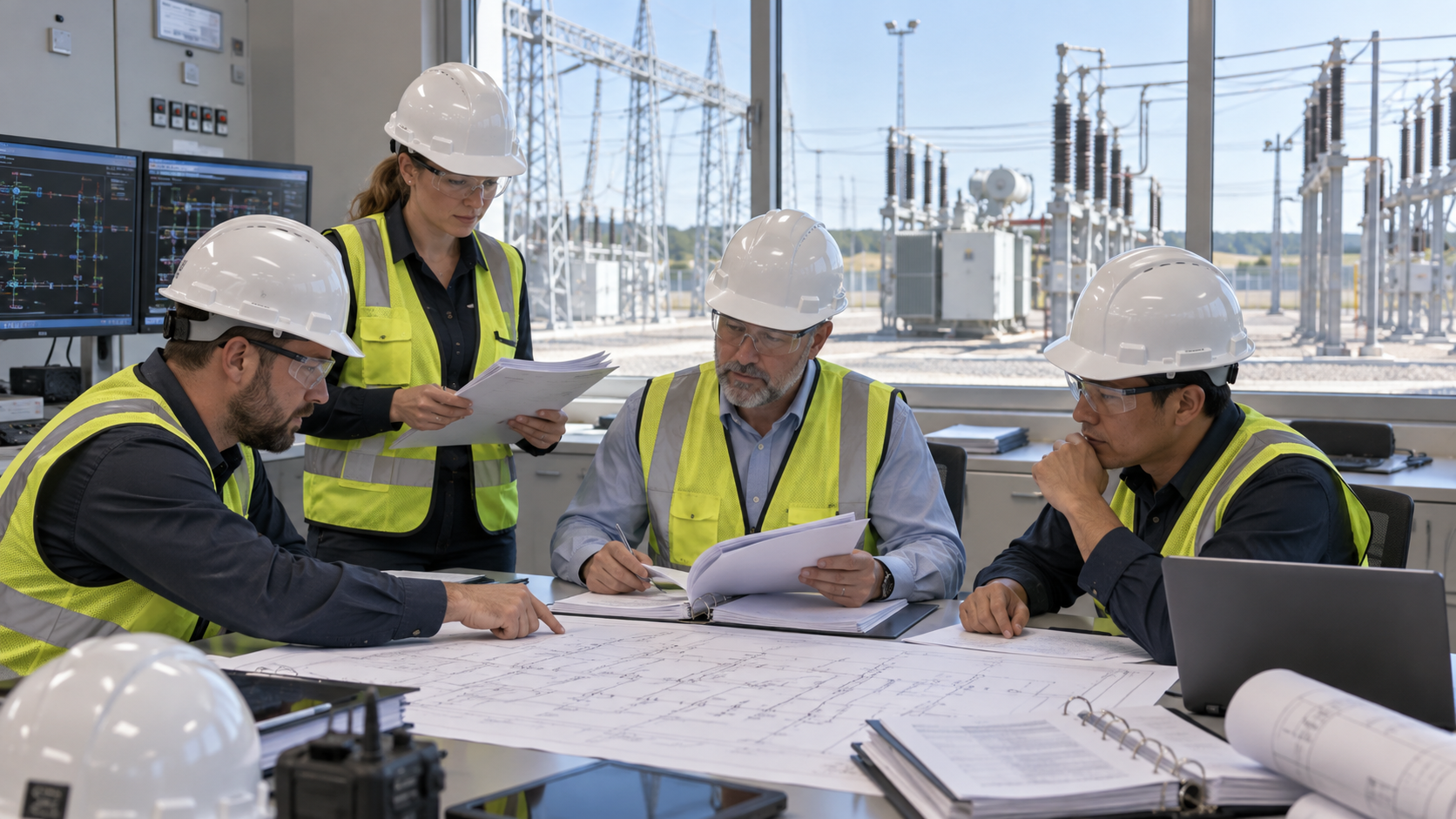 Substation Energization Permit Meeting EPC and operations teams reviewing an energization permit and switching program