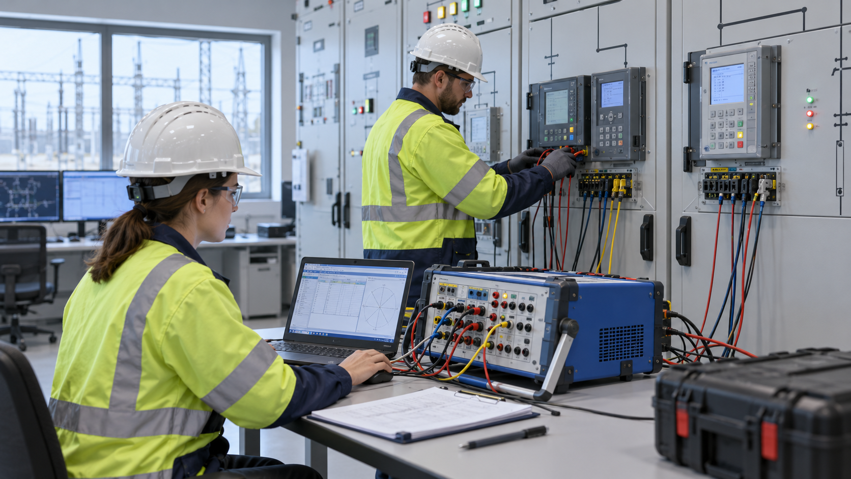 Protection Relay Test Review Before Energization Commissioning engineers verifying protection relay test results before substation energization