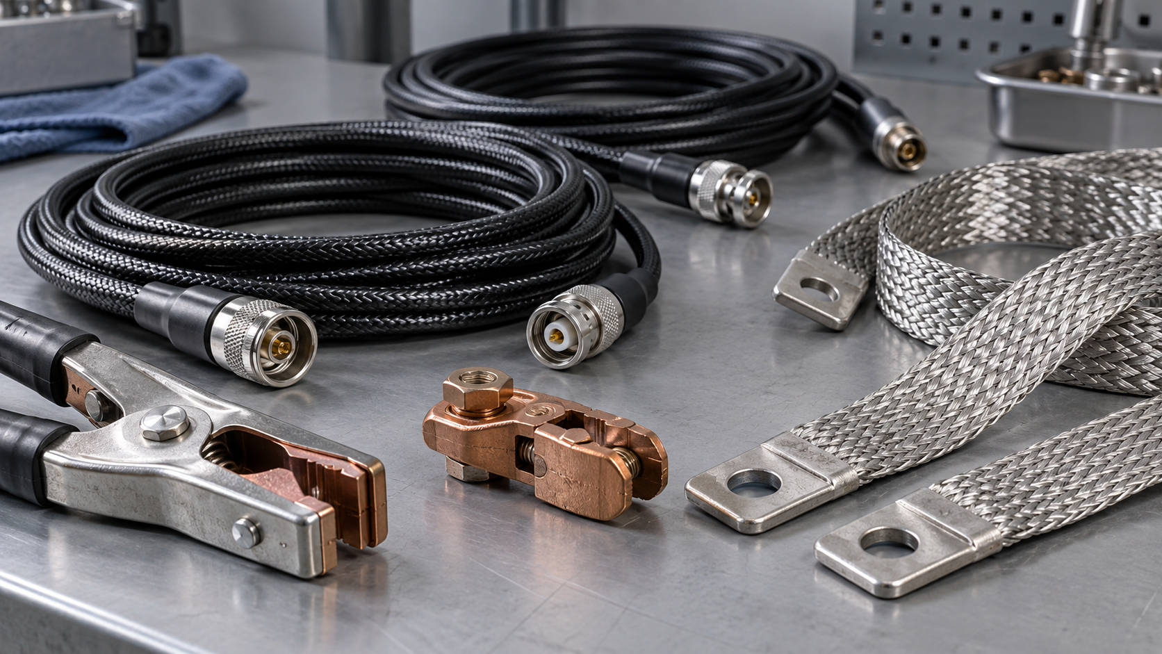 SFRA test connection accessories Shielded diagnostic cables, electrical clamps and flat braided grounding straps on a workbench