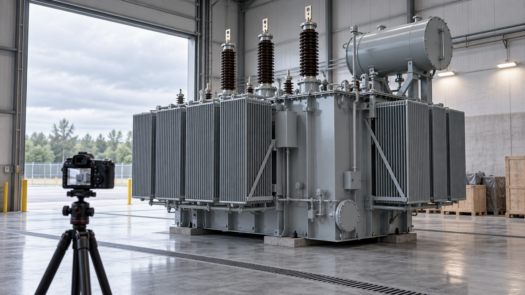Transformer configuration photography at receipt Camera on a tripod facing a disconnected power transformer in a receiving inspection bay