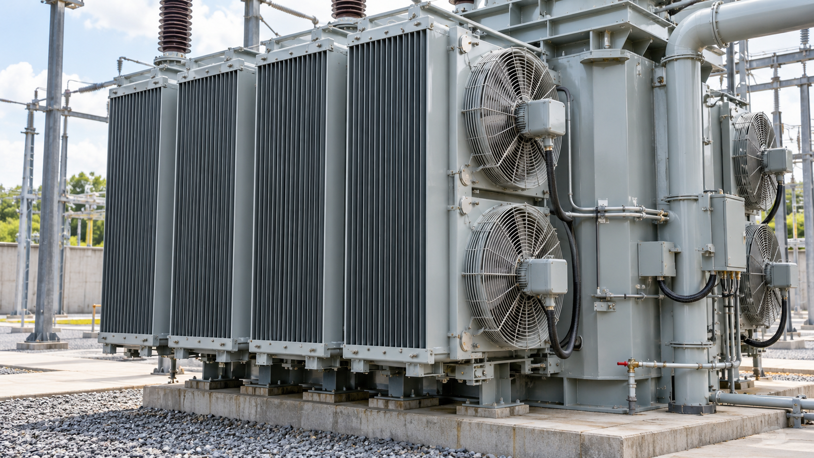 Transformer radiator and cooling bank Power transformer radiator banks and fan housings in an outdoor substation