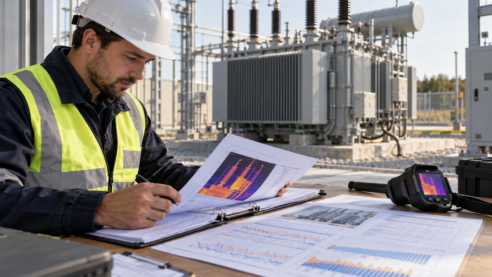 Transformer thermal survey handover records Engineer reviewing transformer survey records beside a thermal camera