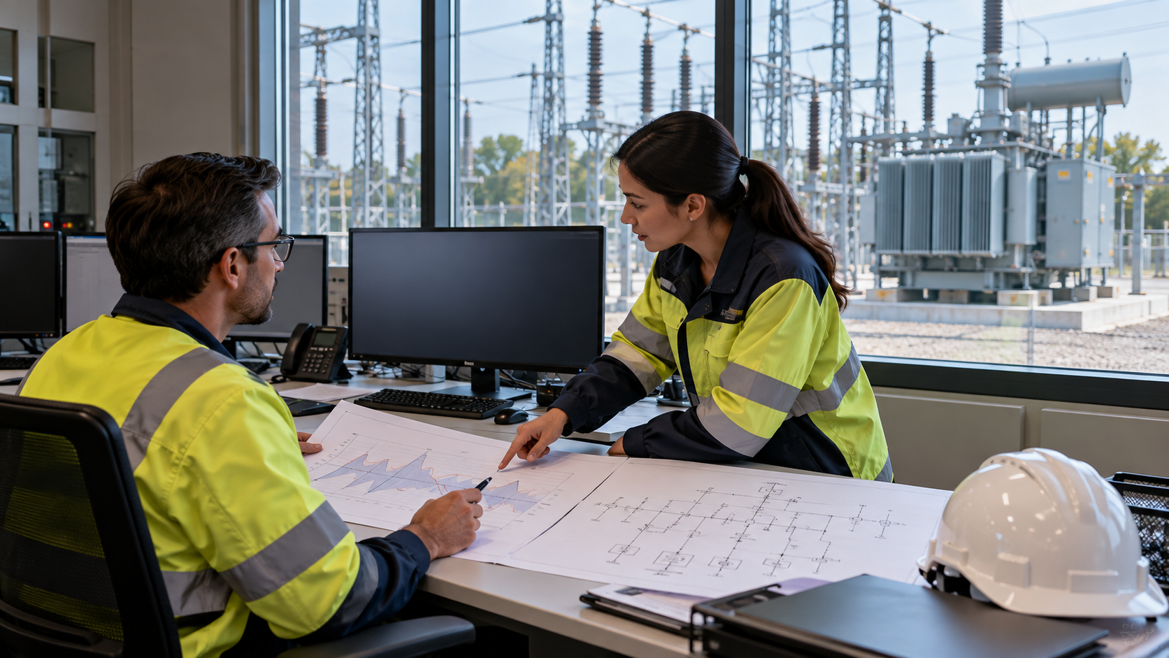 Transformer load and evidence review Engineers reviewing a transformer load profile and single-line plan in a control room