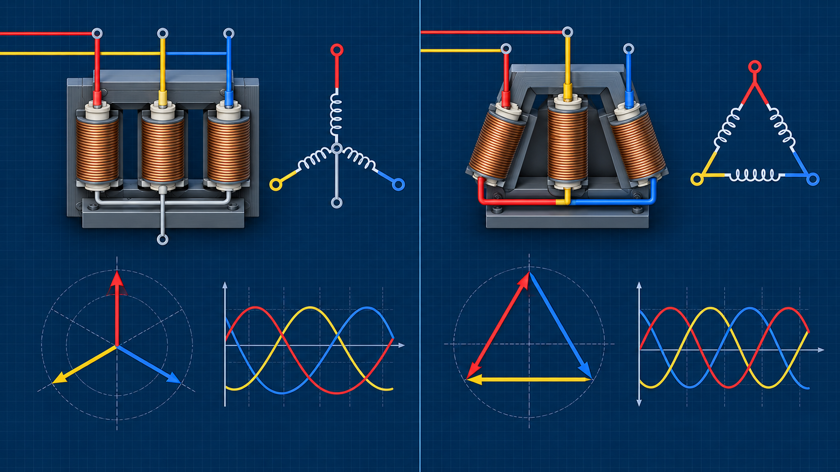 Transformer Vector Group Phase Shift Comparison Vector phasor clock diagram comparing Dyn11 and YNd1 transformer connections