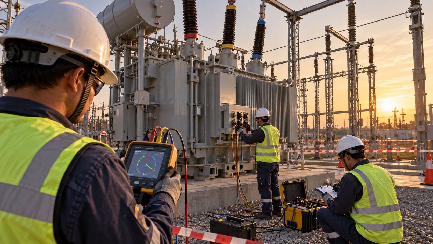 Transformer Phasing and Commissioning Verification Commissioning team verifying transformer phase sequence and bus phasing before energization