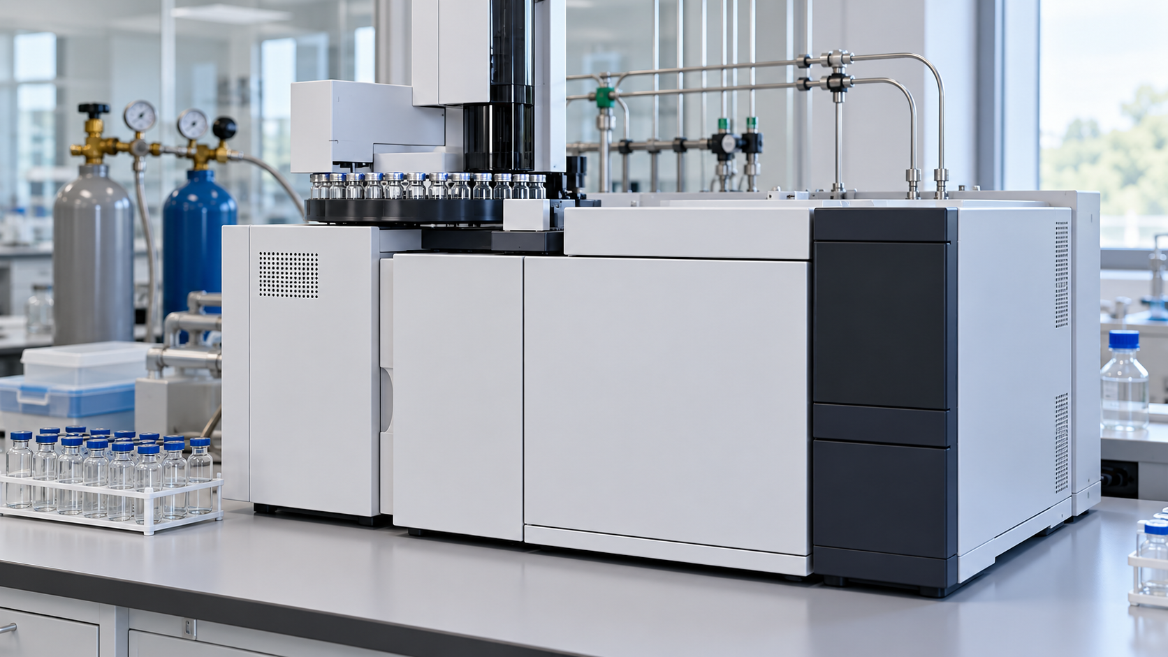 Laboratory analysis for transformer dissolved gases Gas chromatography equipment and sealed sample vials on a laboratory bench