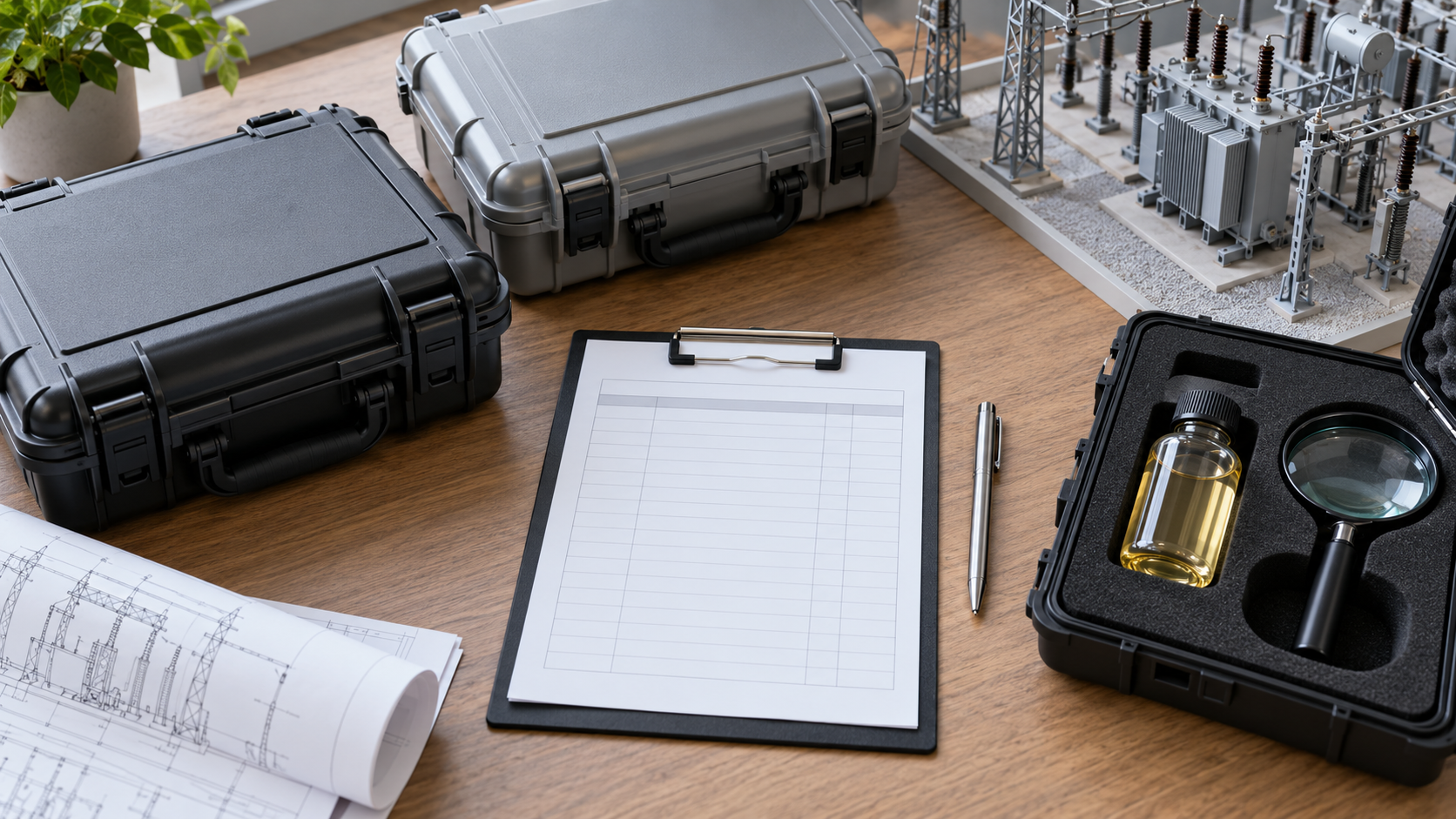 DGA sample and handover record coordination Oil sample container, protective cases and a blank record sheet on an engineering desk