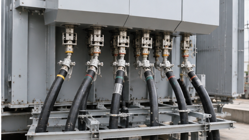 Power transformer cable termination and cable support