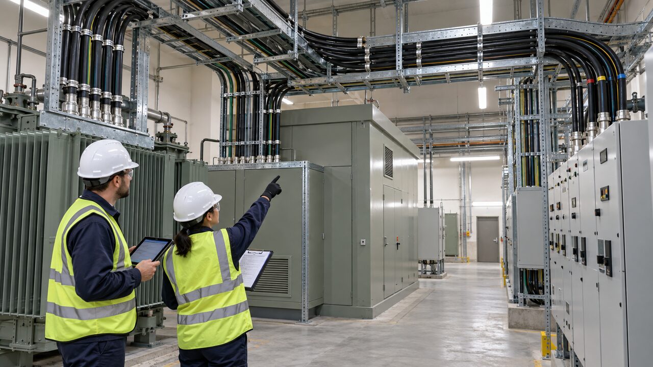 EPC Substation Cable Route Inspection Engineers inspecting substation cable routes, supports and equipment termination interfaces