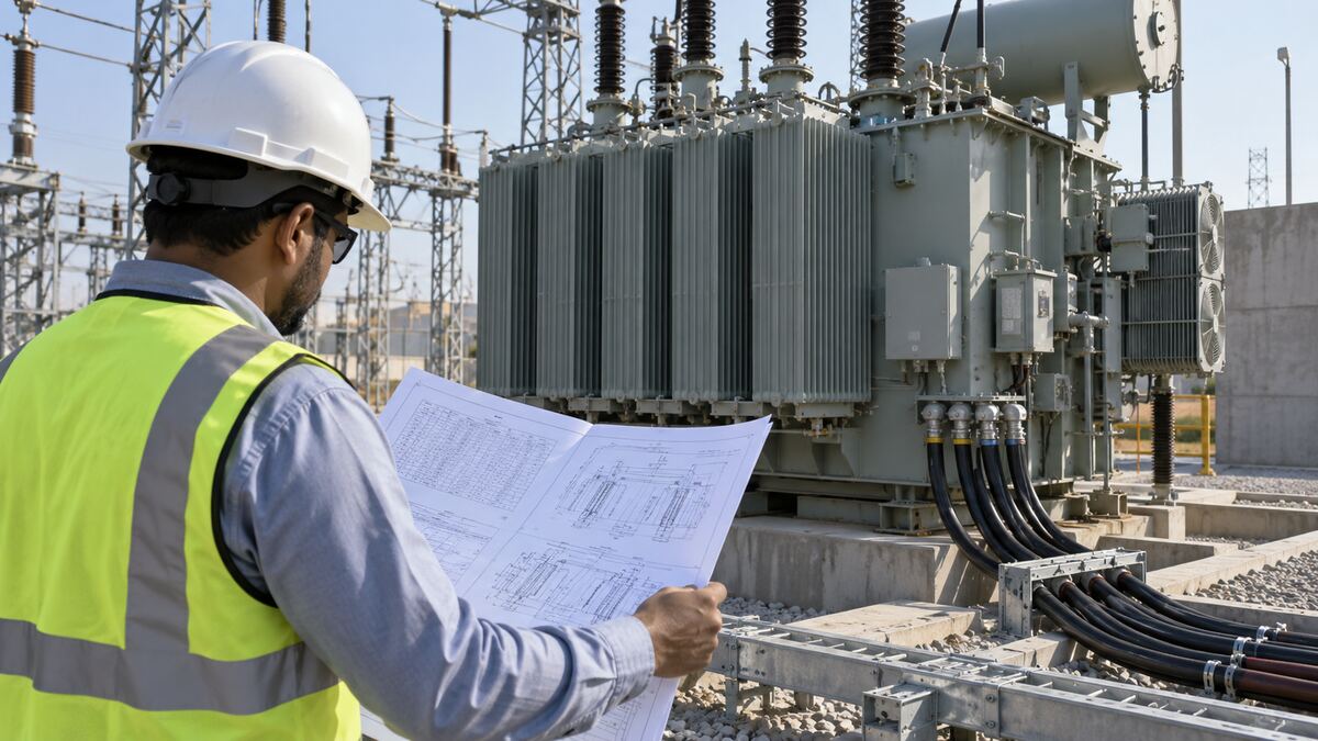 EPC Transformer Cable Schedule Design Review Concept illustration of an engineer reviewing transformer cable interfaces and drawings