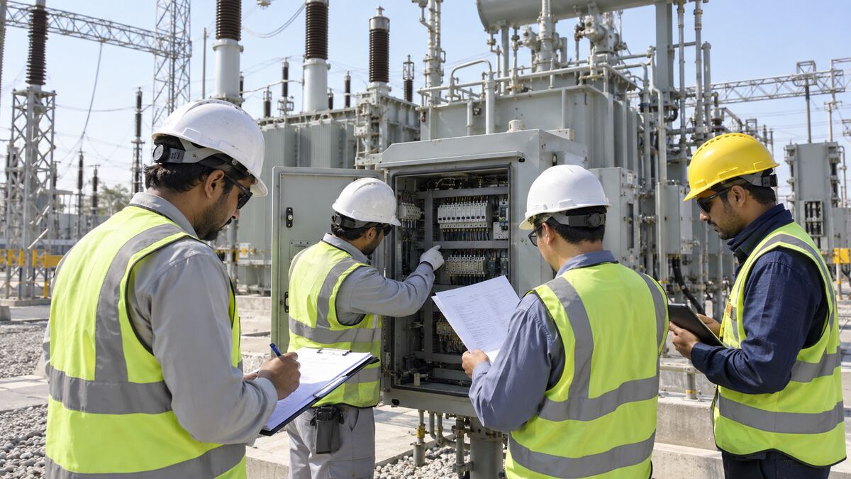 Transformer Cable Interface Commissioning Review Concept illustration of an EPC team reviewing transformer control cabinet connections