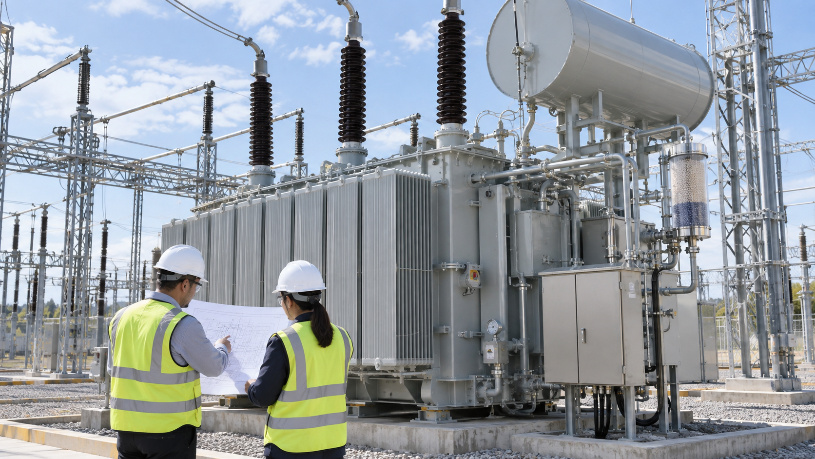Transformer Oil Preservation System Engineering Review EPC engineers reviewing a transformer oil preservation system with conservator and breather