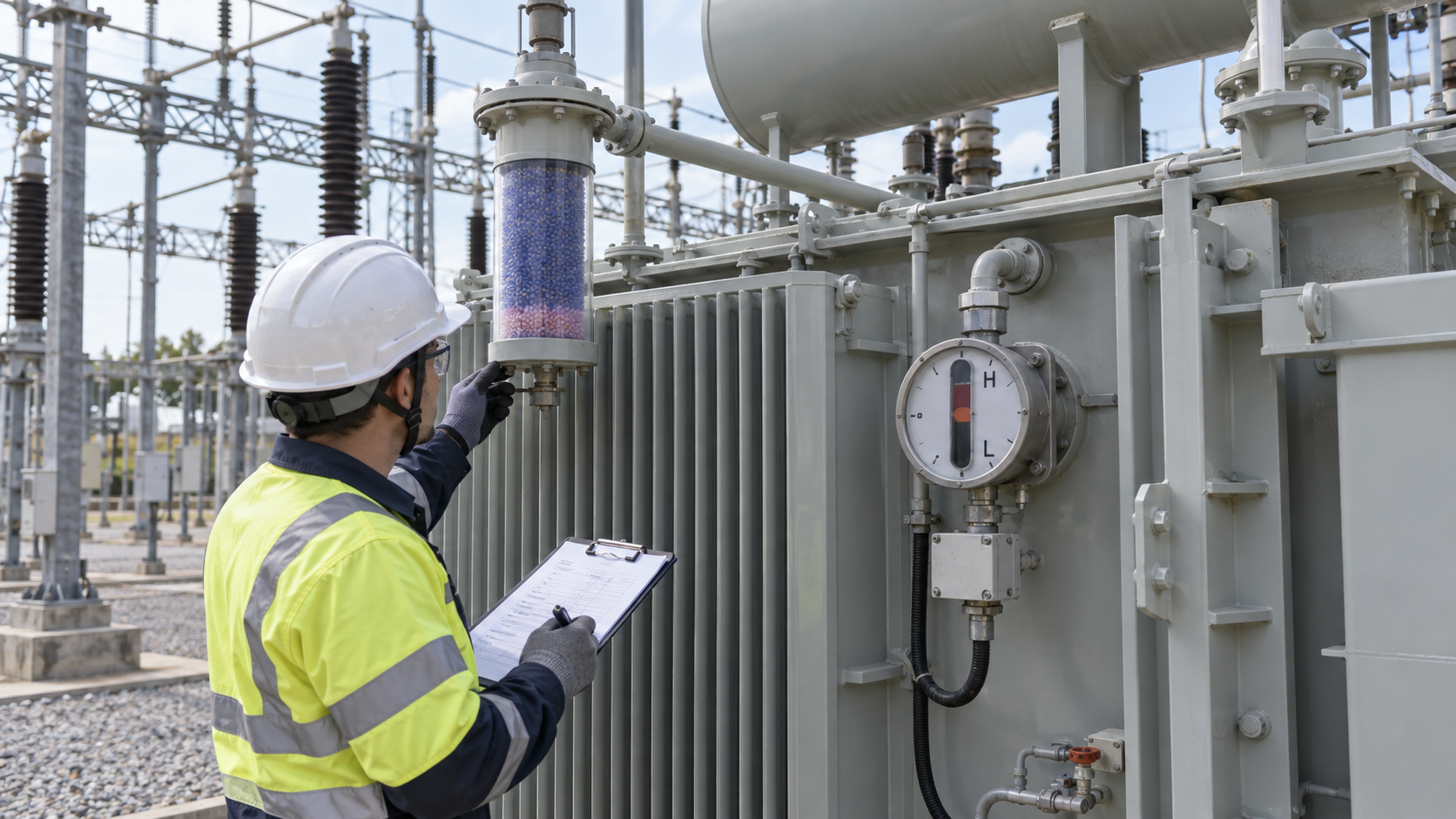 Transformer Breather and Oil Level Inspection Technician inspecting transformer silica gel breather and oil level indicator