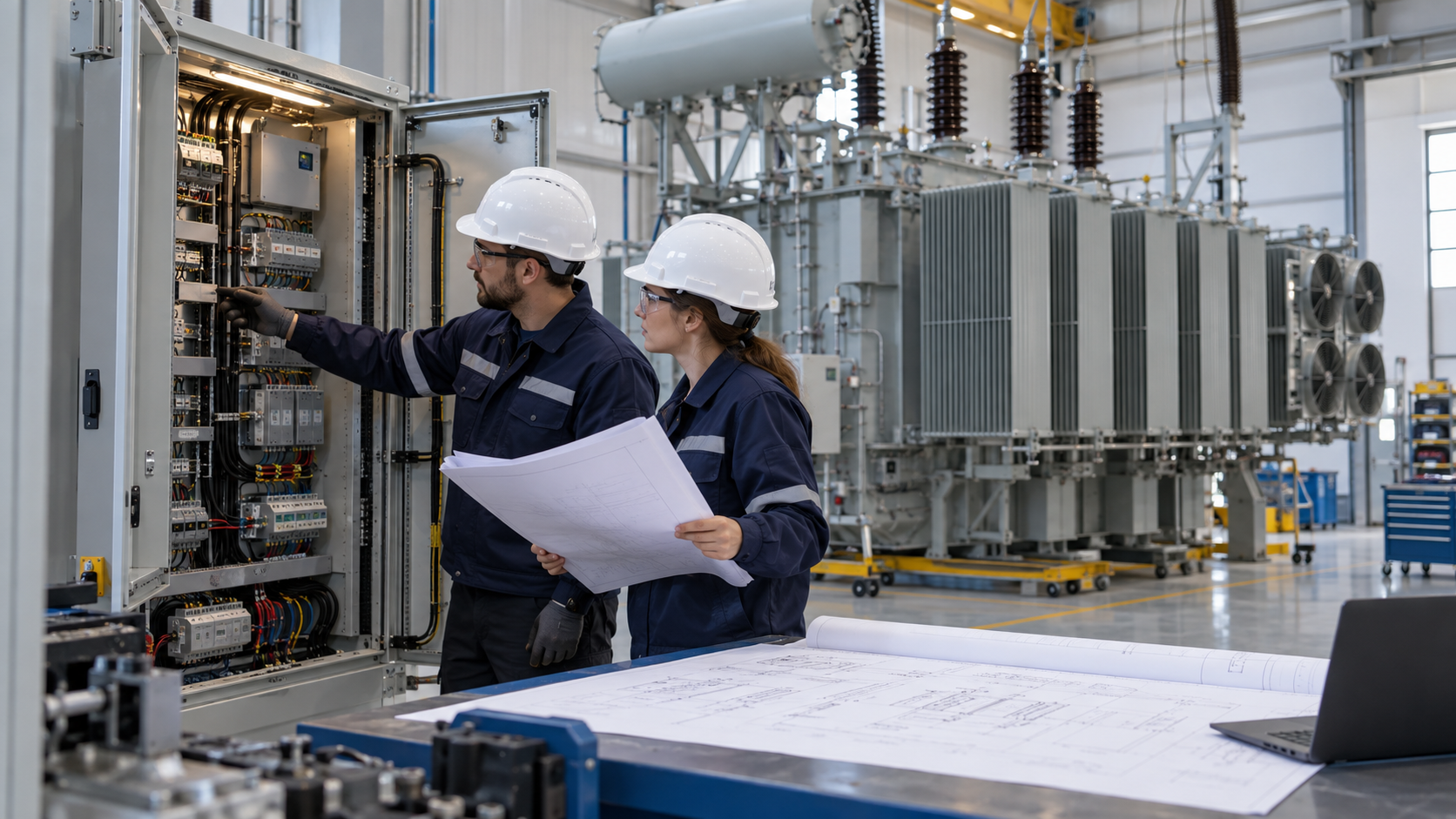 Transformer temperature instrument interface review EPC engineers reviewing transformer temperature instrument interfaces at a factory