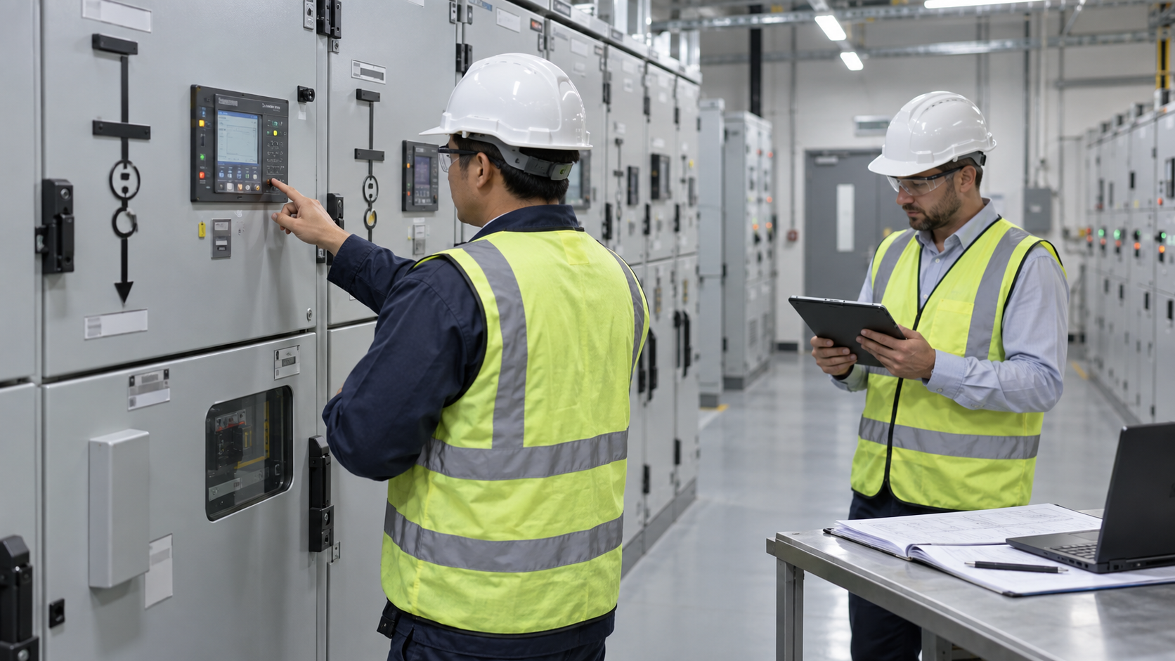 Engineers reviewing switchgear relay interface and handover records