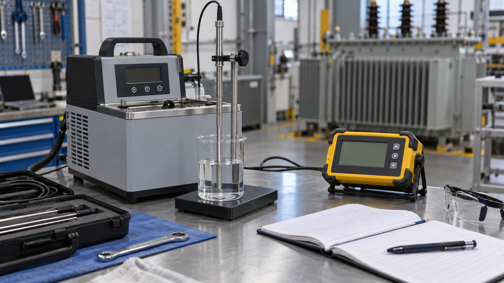 Temperature instrument reference comparison Technician comparing an industrial thermometer against a bench reference instrument