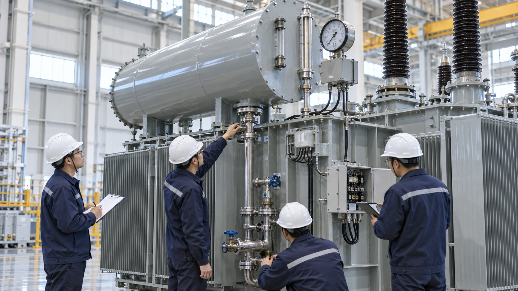 Transformer Oil Preservation FAT Inspection Factory engineers inspecting transformer conservator piping valves gauges and alarm contacts