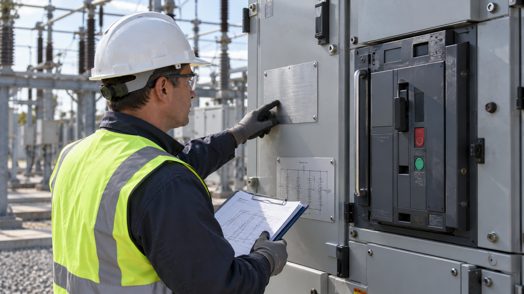 Engineer checking medium voltage switchgear identification and breaker documents