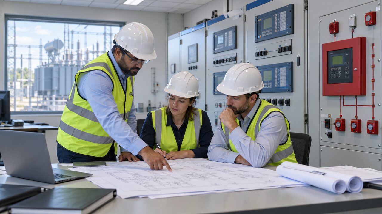 EPC engineers reviewing transformer fire detection and trip interfaces in a substation control room