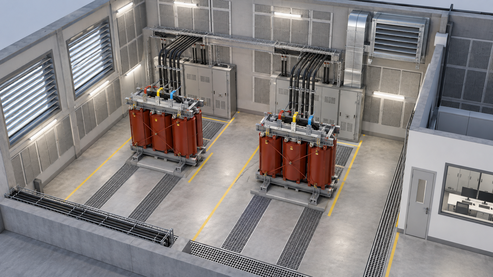 Indoor dry-type transformer room with ventilation louvers, acoustic wall treatment and maintenance aisles