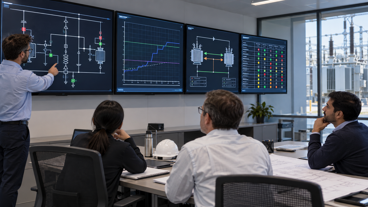 OLTC AVR Logic Review EPC engineers reviewing transformer AVR setpoints, signal logic and parallel control