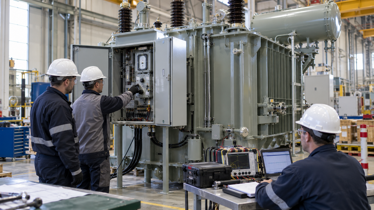 OLTC Motor Drive FAT Test Factory engineers testing transformer OLTC motor drive commands, tap position and alarms