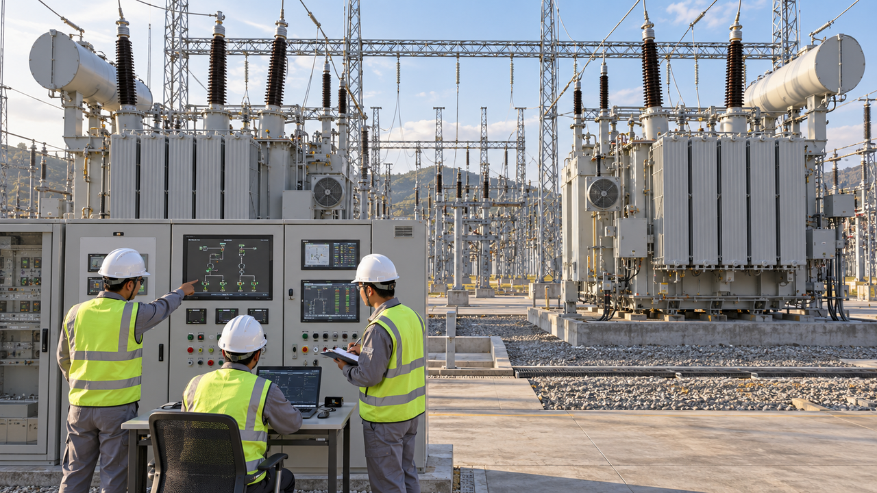 OLTC Parallel Control Commissioning Engineers commissioning coordinated OLTC control for two parallel power transformers