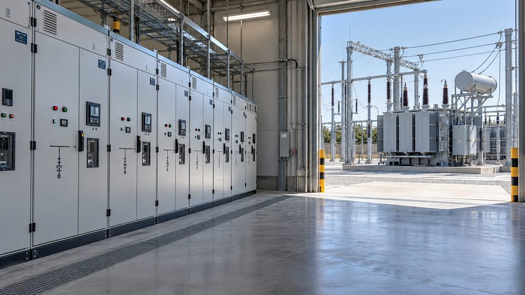 Gas insulated switchgear hall adjacent to a transformer yard