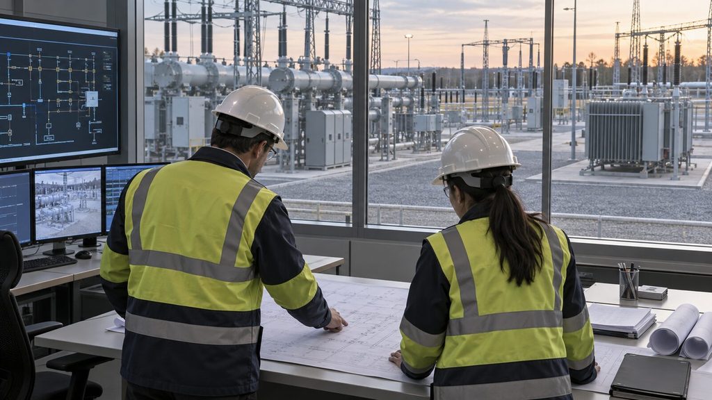 Engineers reviewing transformer and switchgear layout drawings