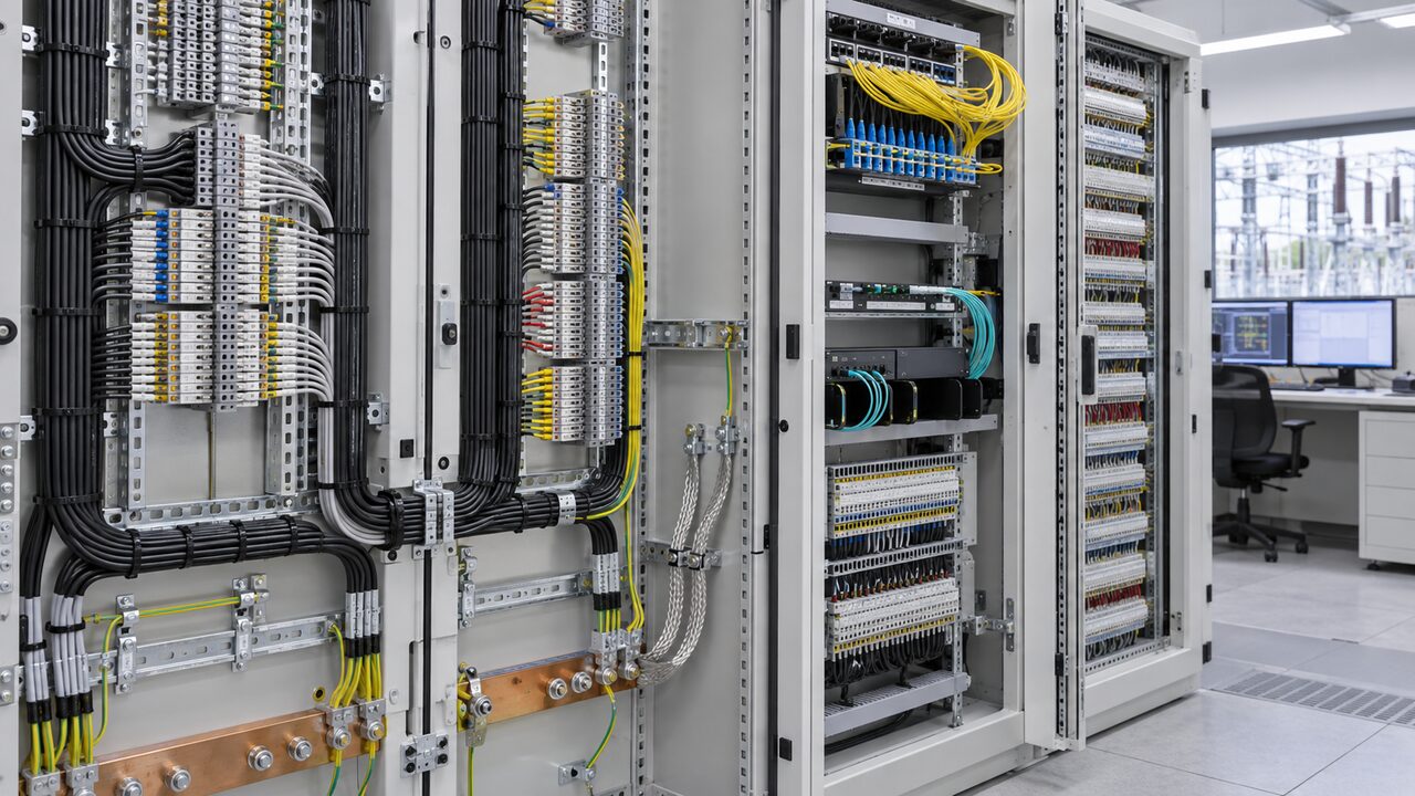 Protection Control and Fiber Cable Interface Control cables, protection terminal blocks and fiber patch panels inside substation control cabinets
