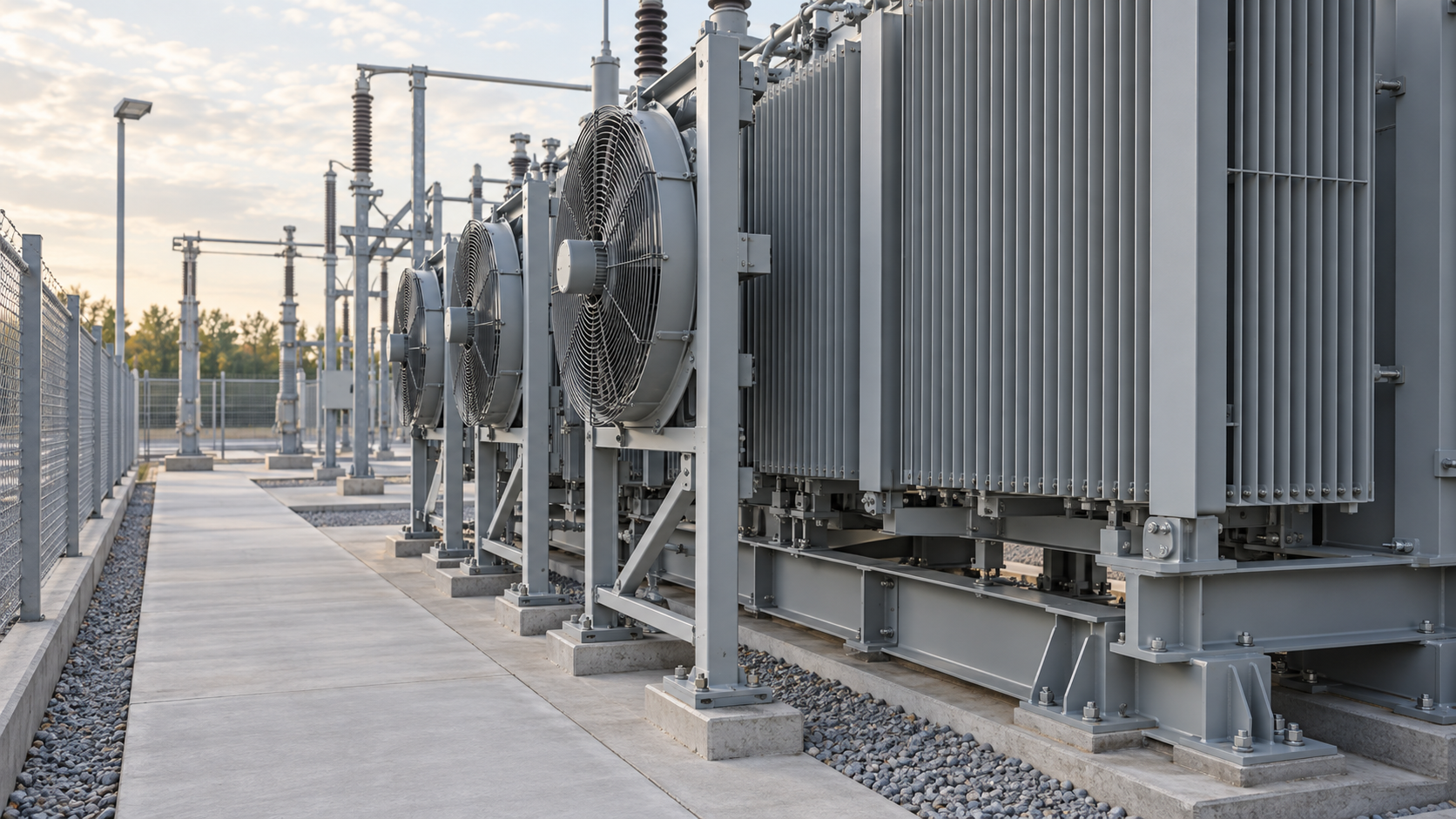 Radiator fan bank and maintenance access Transformer radiator bank with guarded cooling fans and an unobstructed service walkway