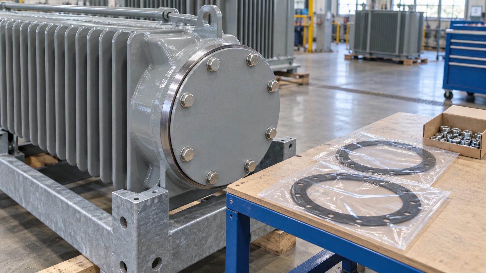 Radiator flange protection and assembly materials Protected radiator flange beside individually bagged gasket rings and fastening hardware