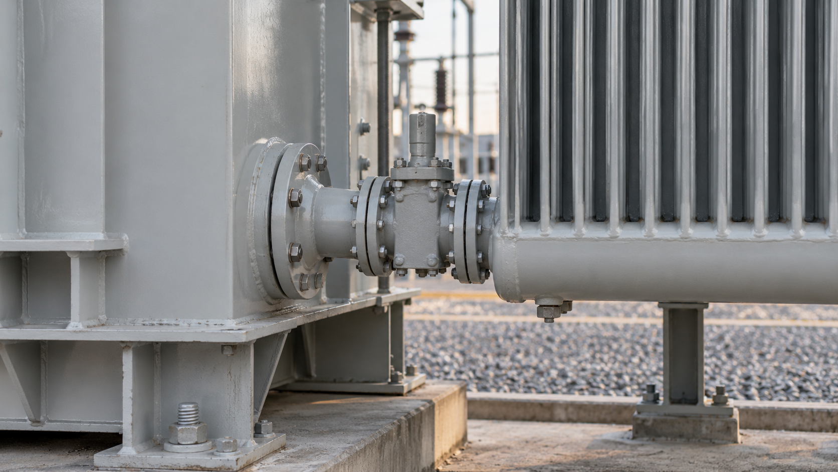 Transformer radiator isolation-valve interface Flanged isolation-valve connection between a transformer tank and radiator manifold