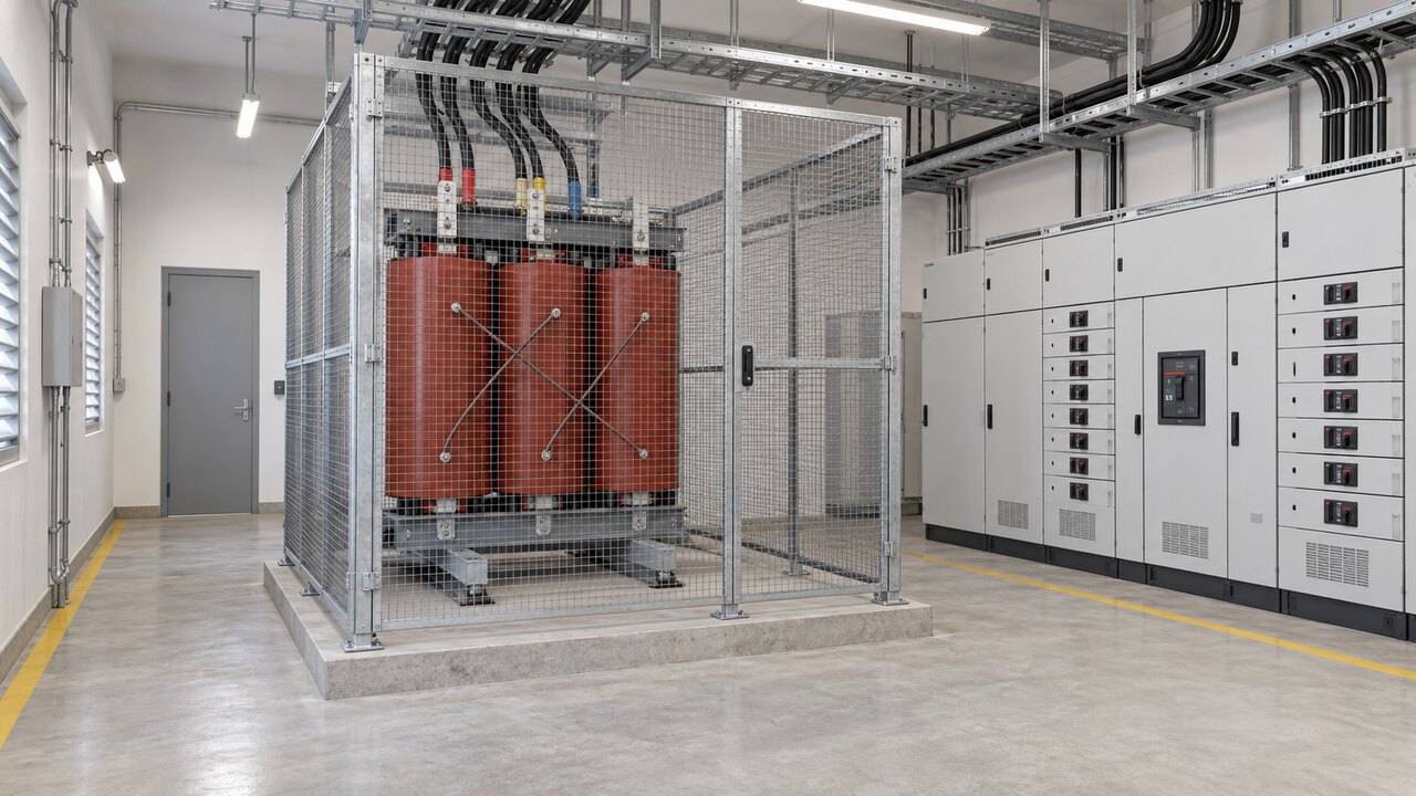 Station Service Transformer and AC Distribution Board Dry-type station-service transformer behind a protective mesh enclosure beside a low-voltage distribution board