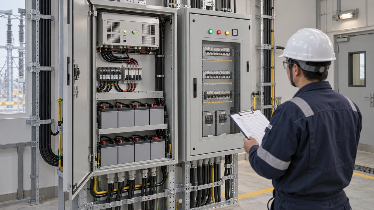Substation Battery Charger and DC Distribution Interface Engineer inspecting a battery and charger cabinet beside a DC distribution panel