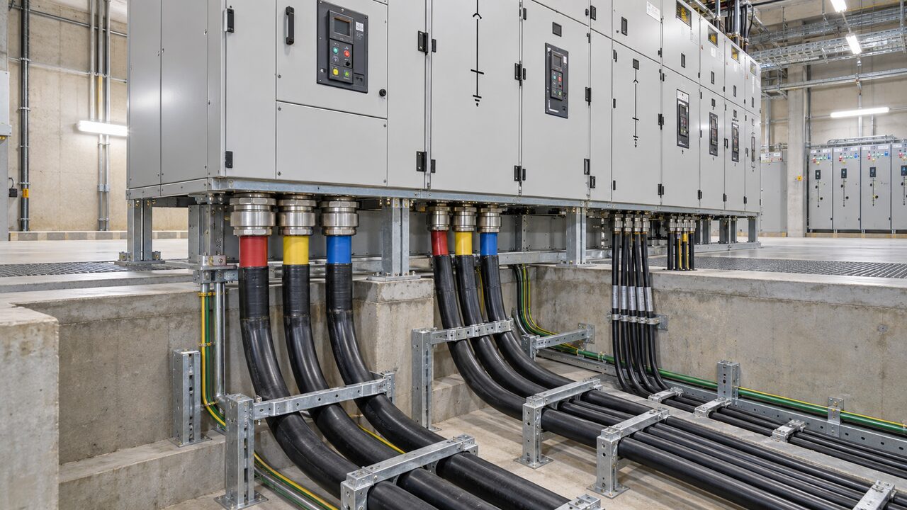 Switchgear Power Cable Entry Interface Medium-voltage and low-voltage power cables entering switchgear through organized gland plates and supports