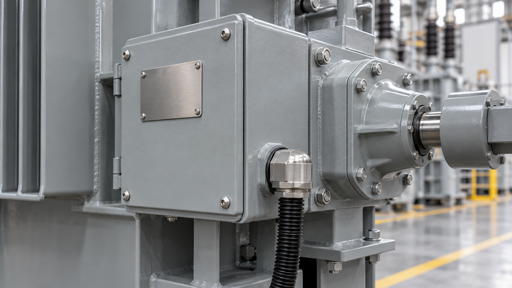 Closed motor-drive enclosure with a separate metal identification plate