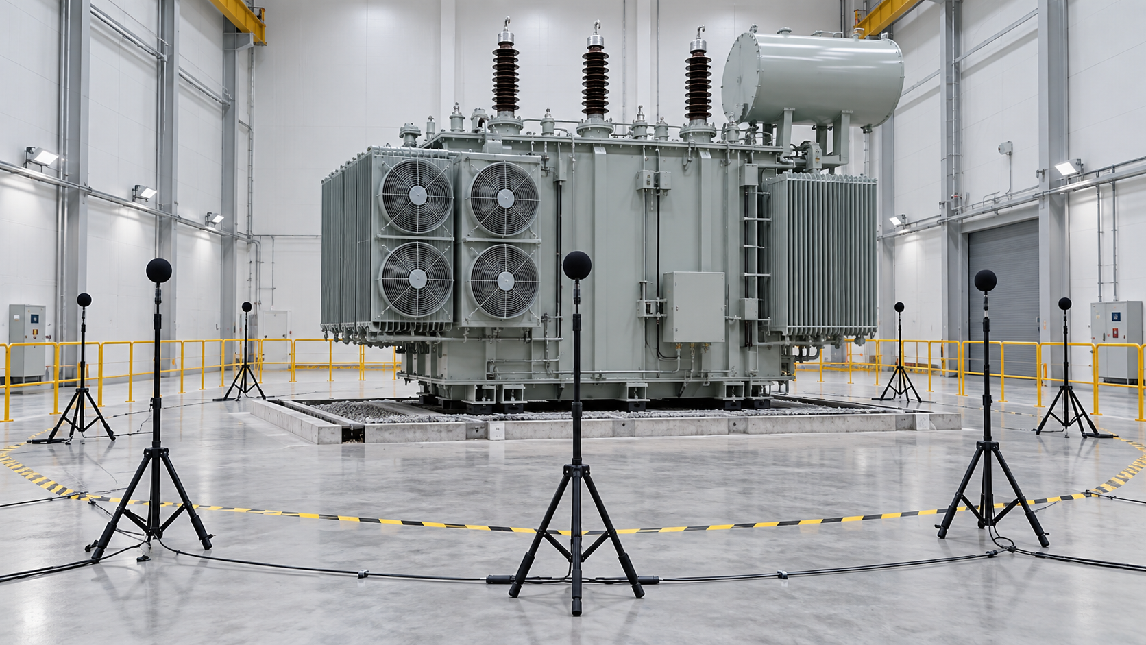 Oil-immersed transformer surrounded by sound-level microphones during an acoustic factory verification setup