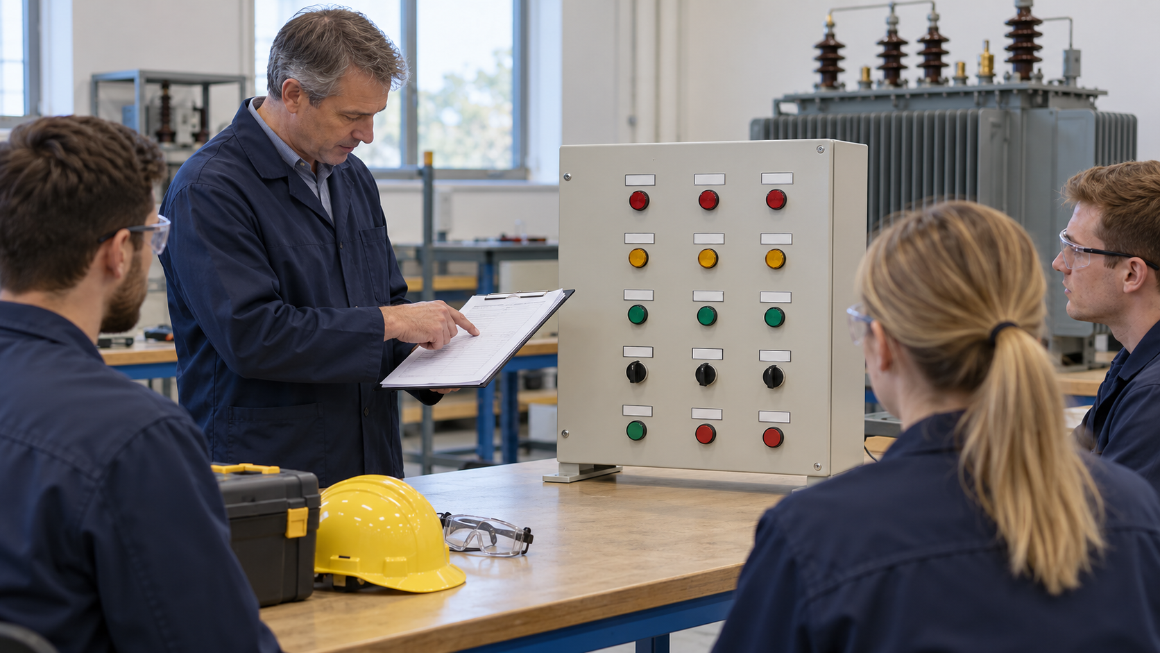Transformer Alarm Training Exercise Instructor reviewing a checklist beside a demonstration control panel