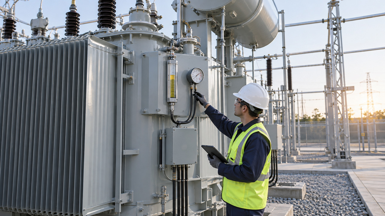 Transformer Baseline Condition Inspection Engineer checking transformer oil level and temperature instruments during baseline inspection