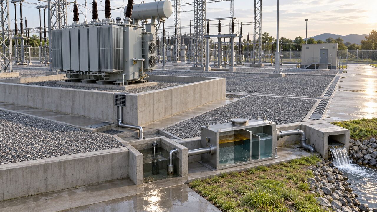 Transformer Bund Drainage Separation Substation drainage arrangement separating transformer oil containment from stormwater