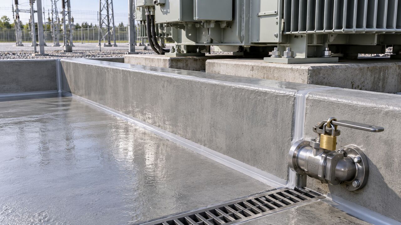 Transformer Bund Sealed Drain Valve Locked closed drain valve and sump inside a transformer oil containment bund