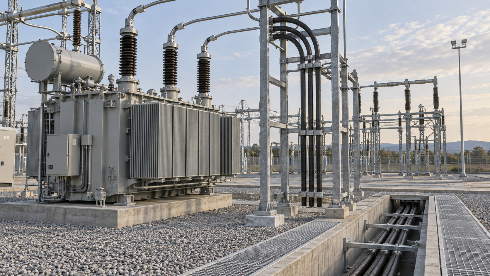 Power transformer foundation interface with steel supports and cable trench