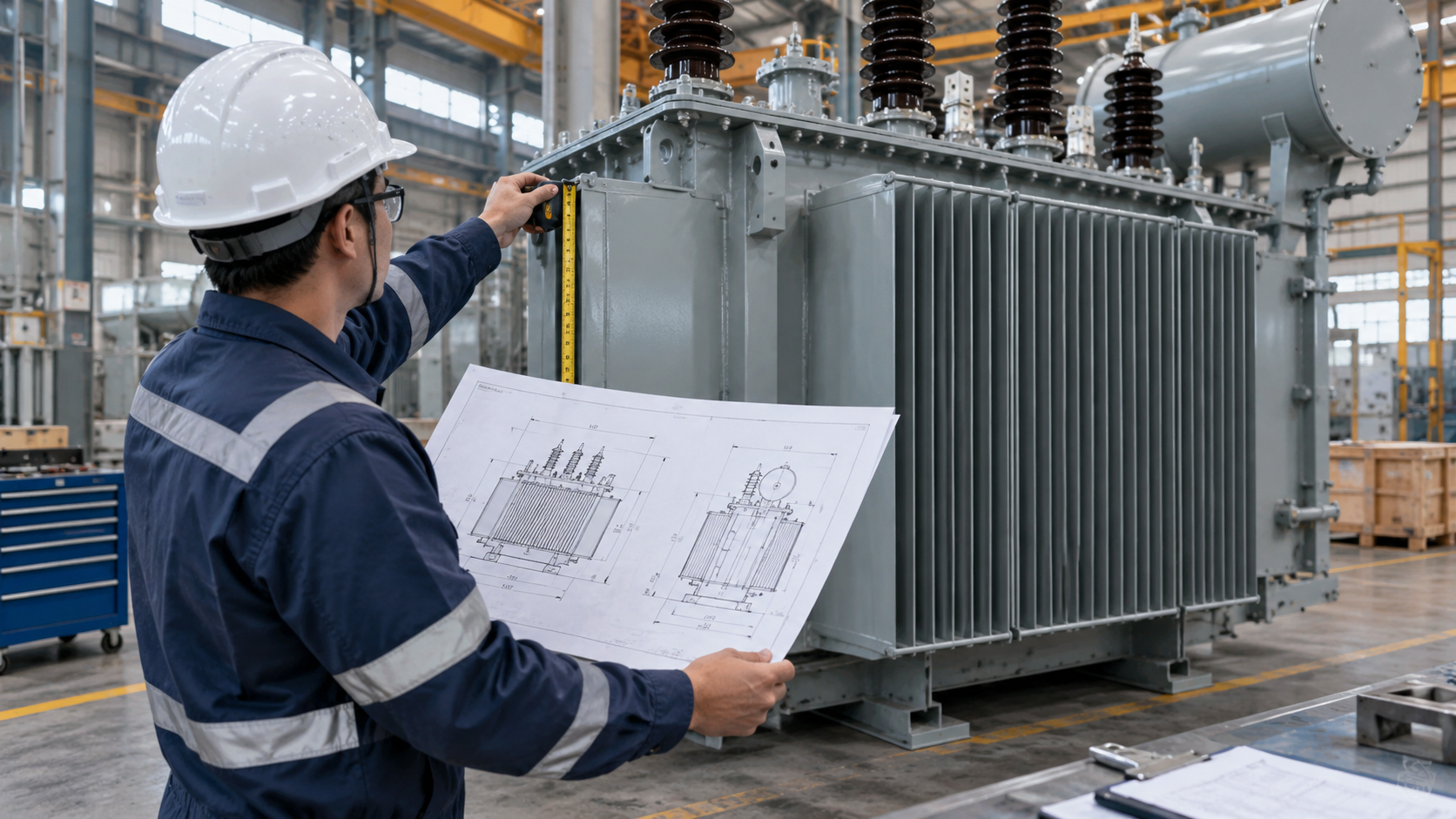 Engineer checking transformer dimensions against approved seismic qualification drawings