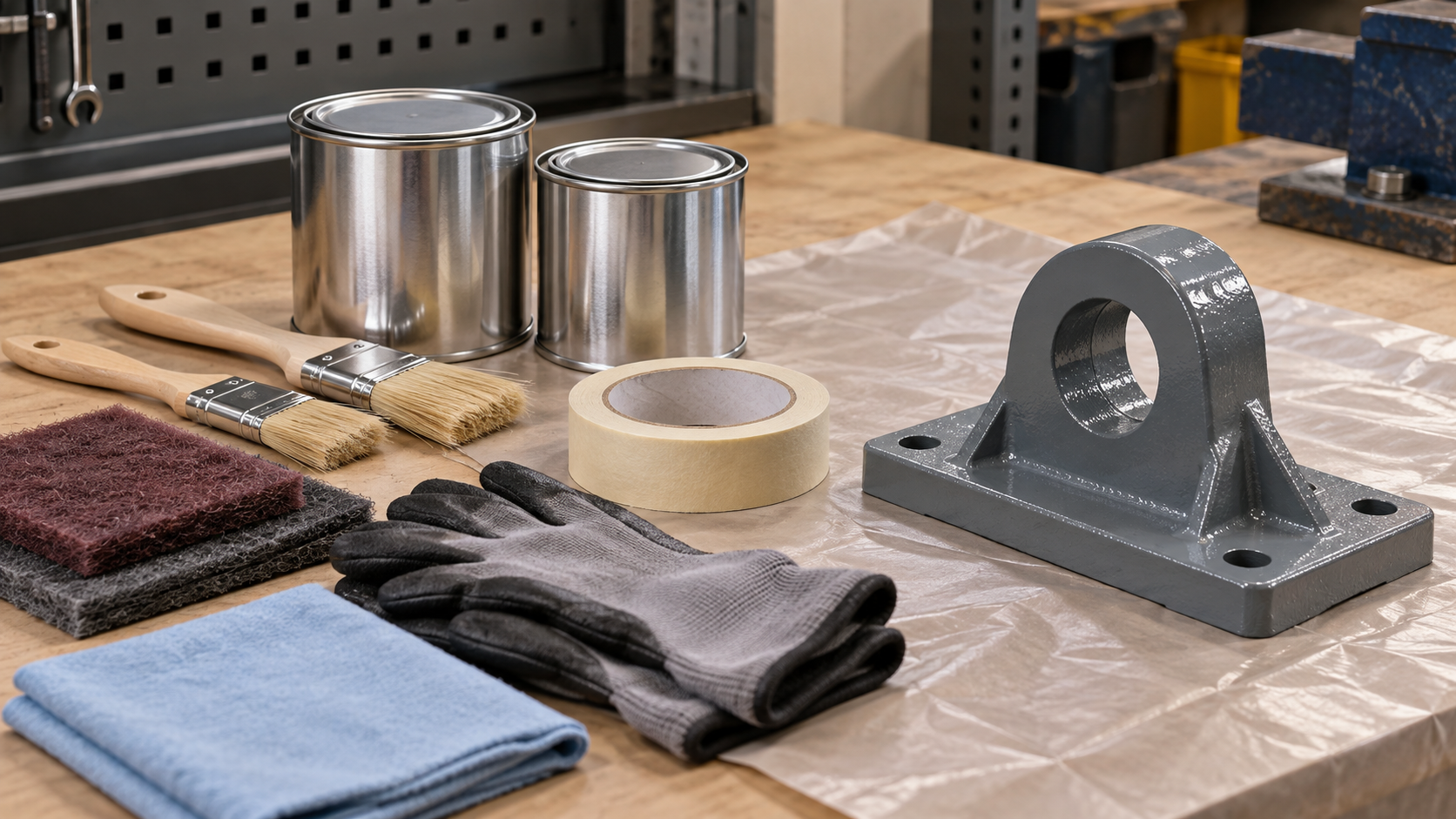 Plain sealed paint containers and coating repair tools beside a painted mounting foot